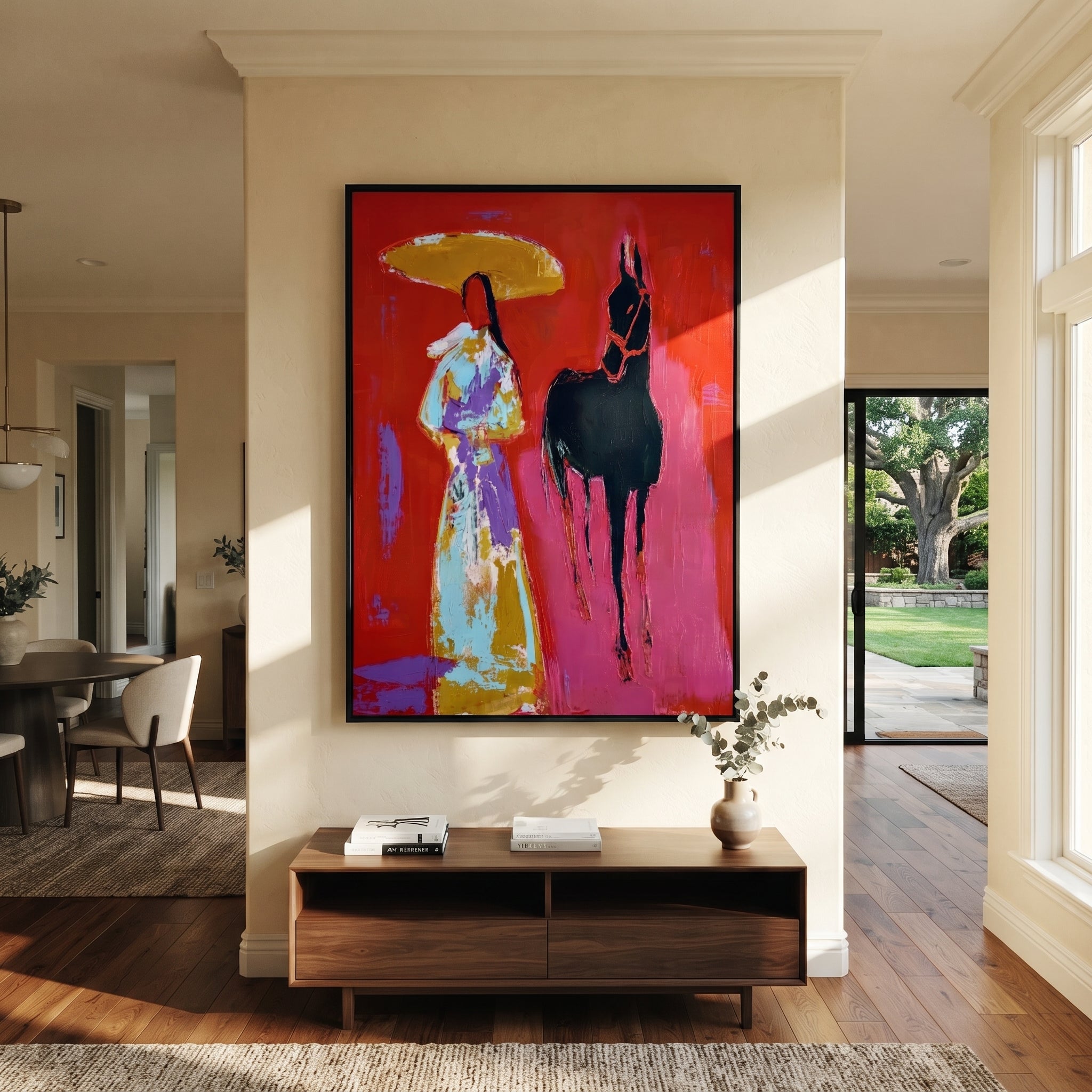 Black Horse Follows Flowers displayed in a collected contemporary interior