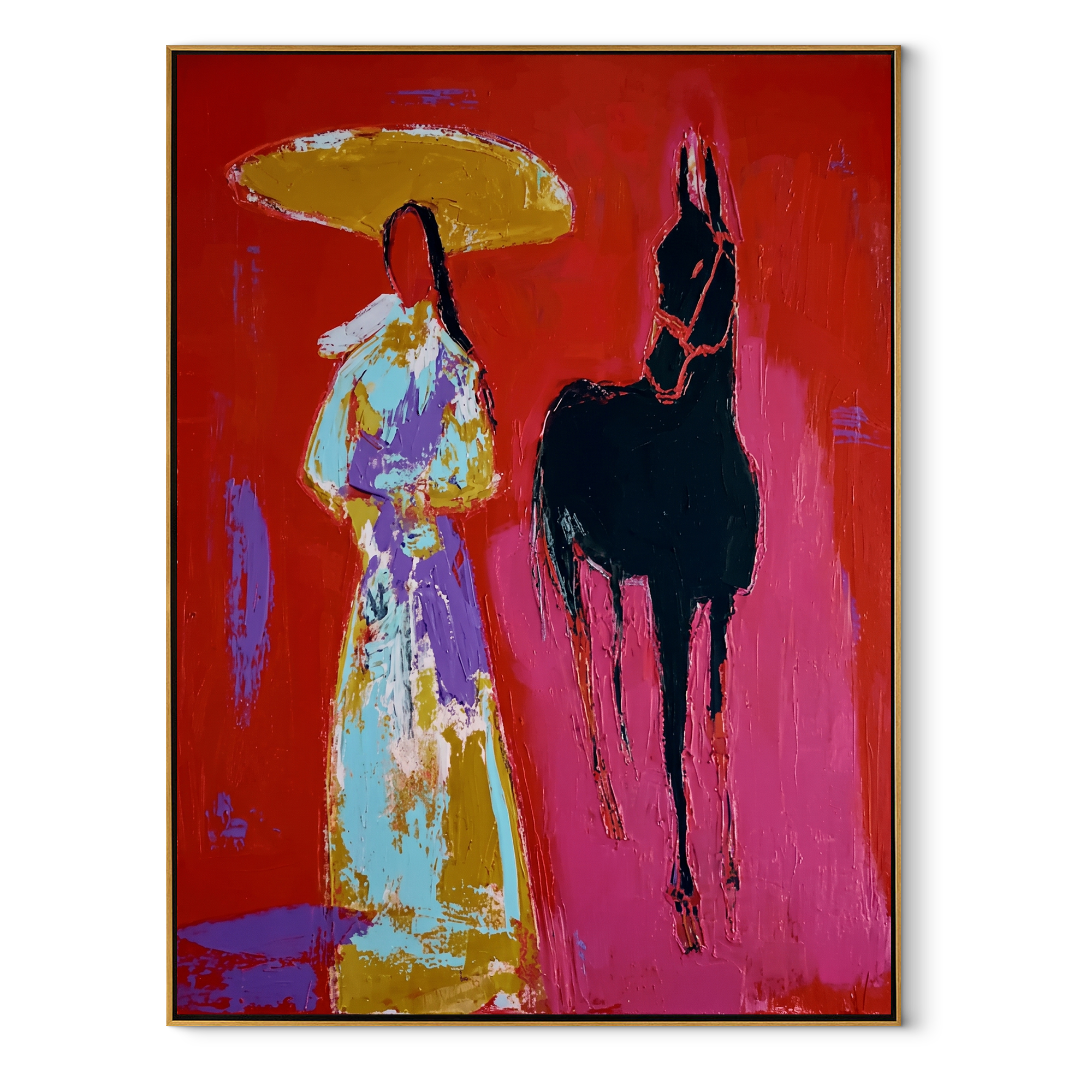 Black Horse Follows Flowers Western figurative painting, vertical canvas artwork