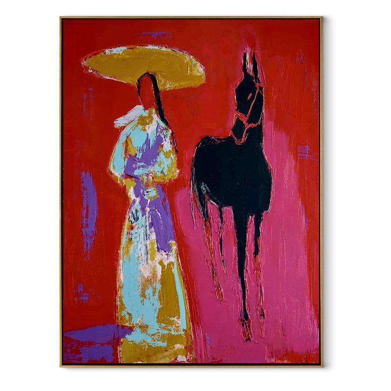 Black Horse Follows Flowers – Floral Woman Horse Painting | Contemporary Western Vertical Wall Art