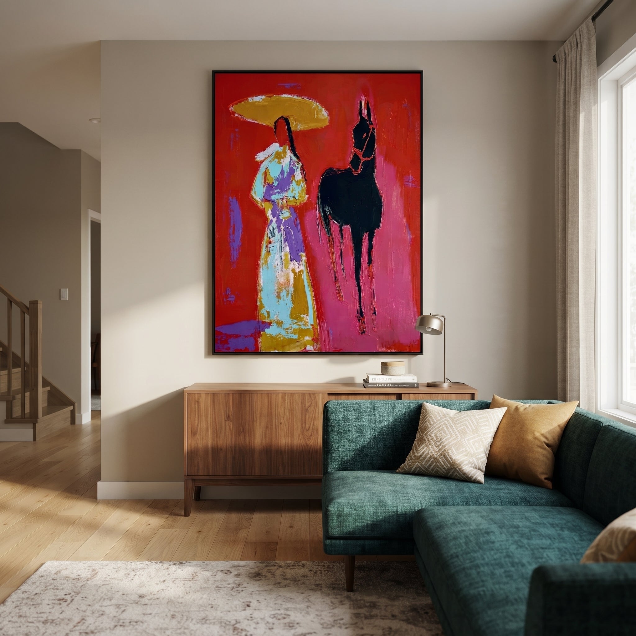 Black Horse Follows Flowers presented as a colorful interior focal point
