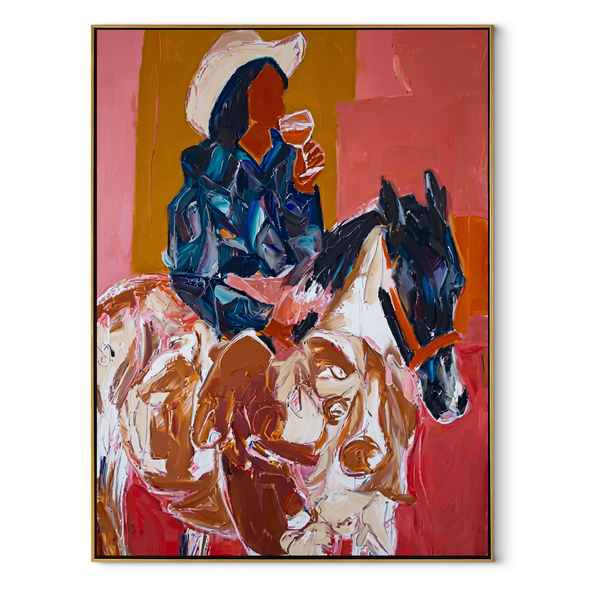 Blue Rider Meets Herd Western figurative painting, vertical canvas artwork