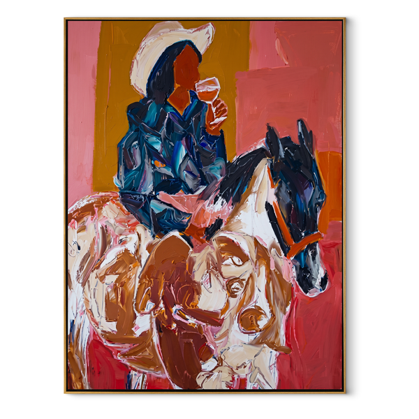 Blue Rider Meets Herd – Cowboy Horse and Cattle Painting | Contemporary Western Vertical Wall Art