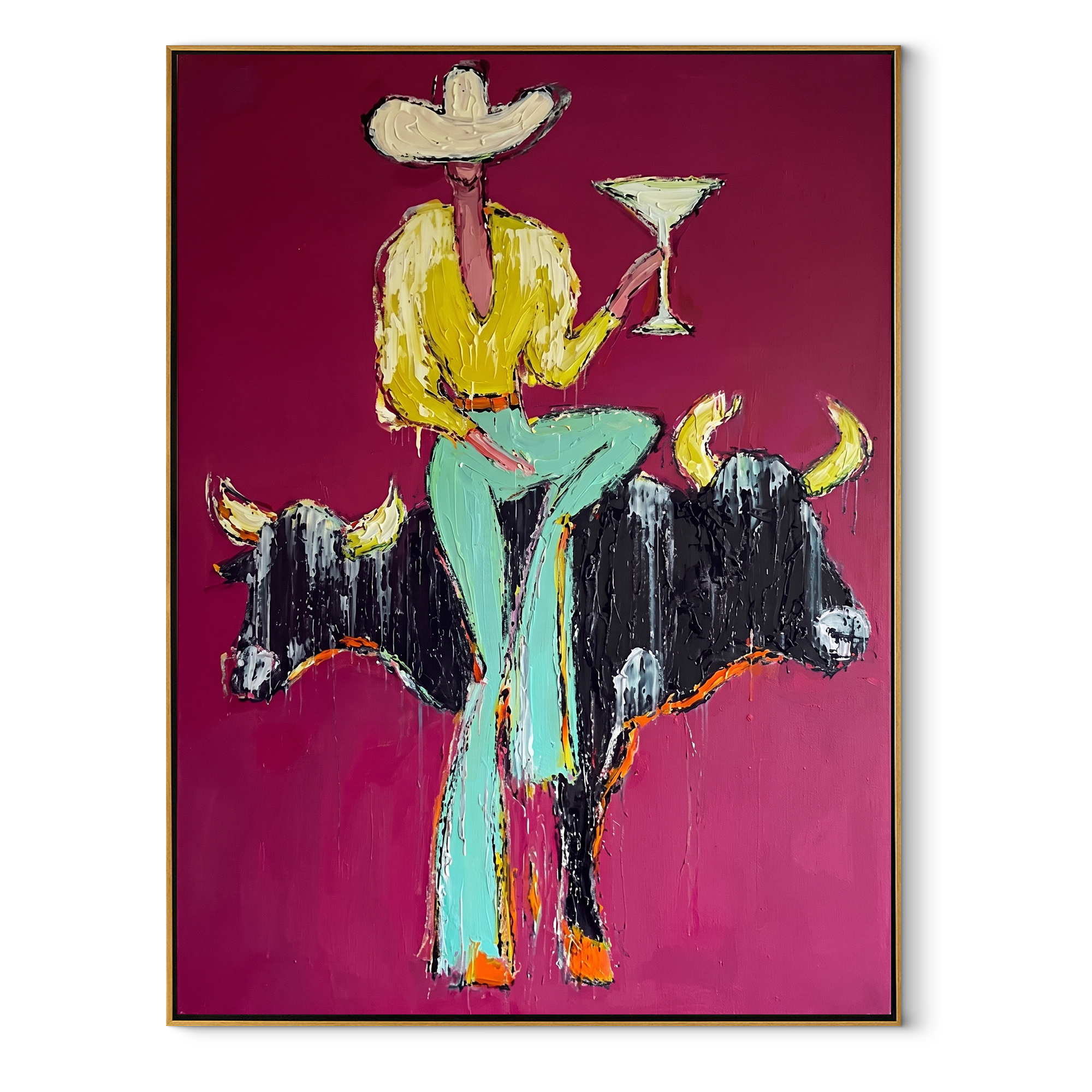 Two Horns Hold Balance Western figurative painting, vertical canvas artwork