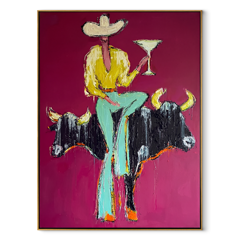 Two Horns Hold Balance – Cowboy Between Bulls Painting | Contemporary Western Vertical Wall Art