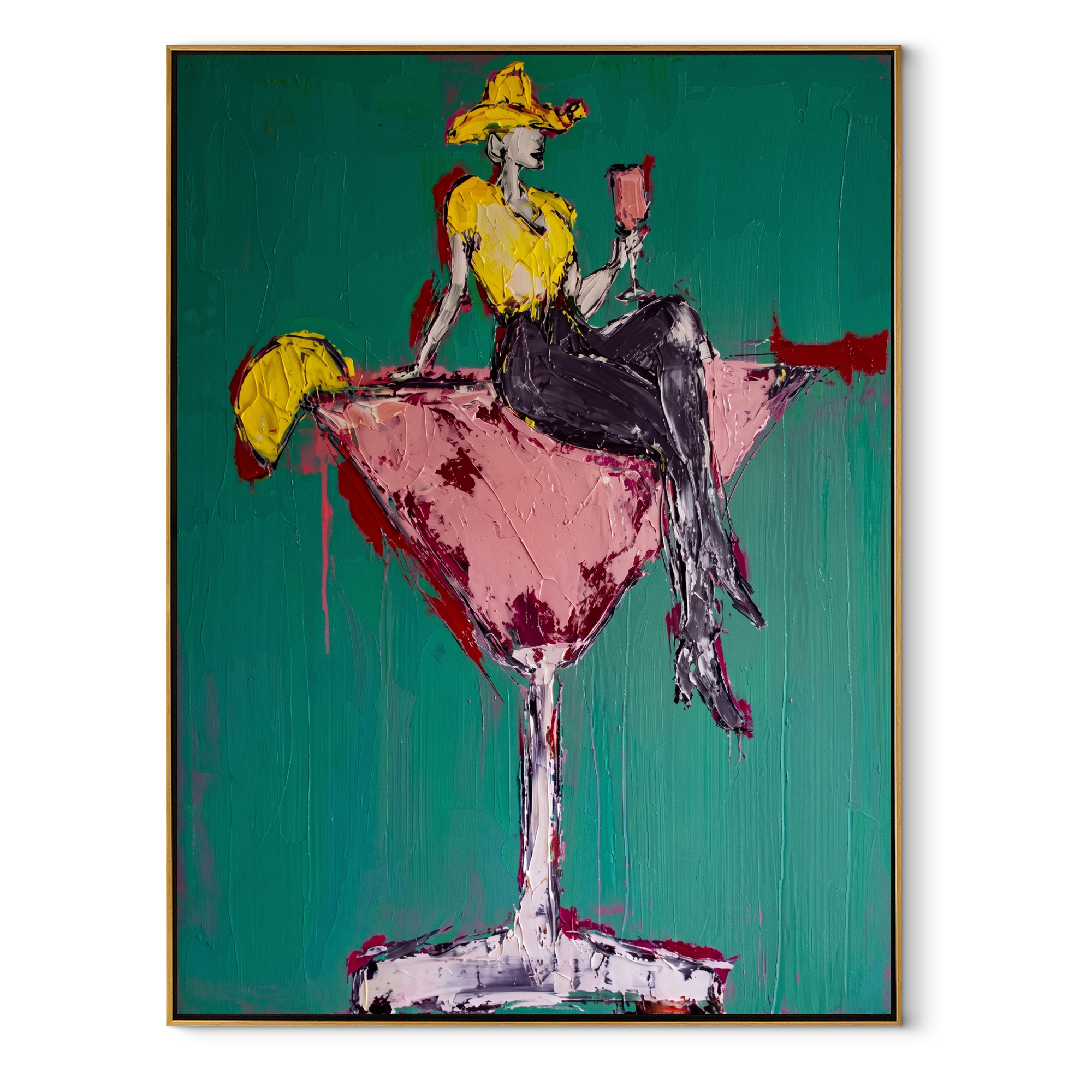 Pink Glass Carries Gold Western figurative painting, vertical canvas artwork