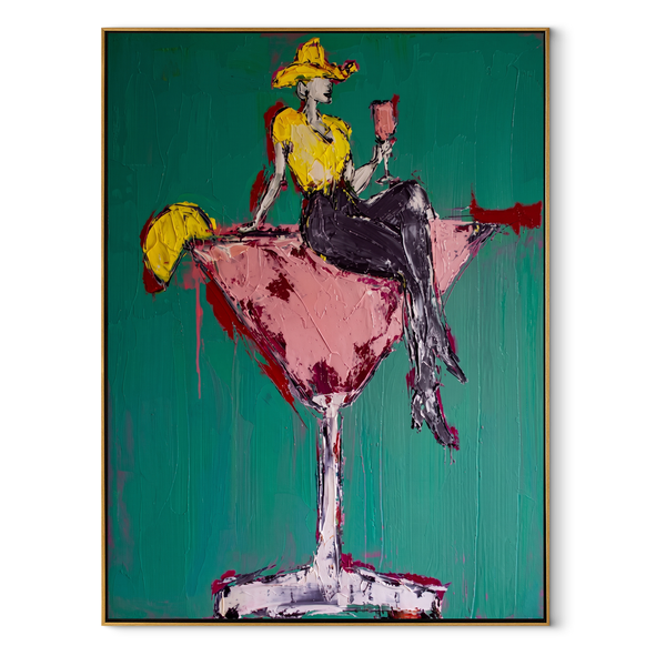 Pink Glass Carries Gold – Cowgirl in Martini Glass Painting | Contemporary Western Vertical Wall Art