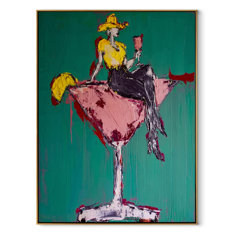 Pink Glass Carries Gold – Cowgirl in Martini Glass Painting | Contemporary Western Vertical Wall Art