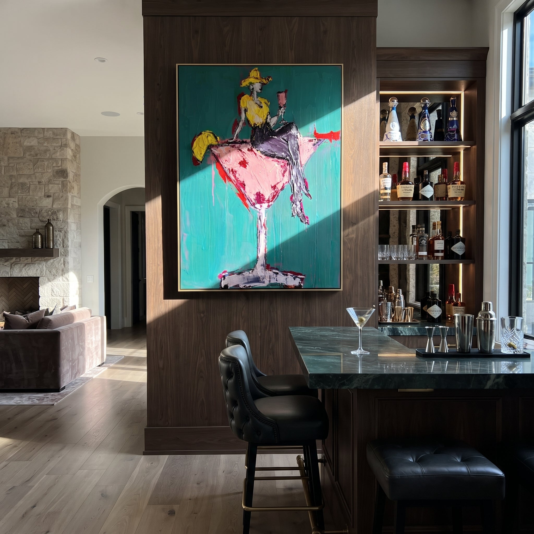 Pink Glass Carries Gold displayed in a layered residential setting