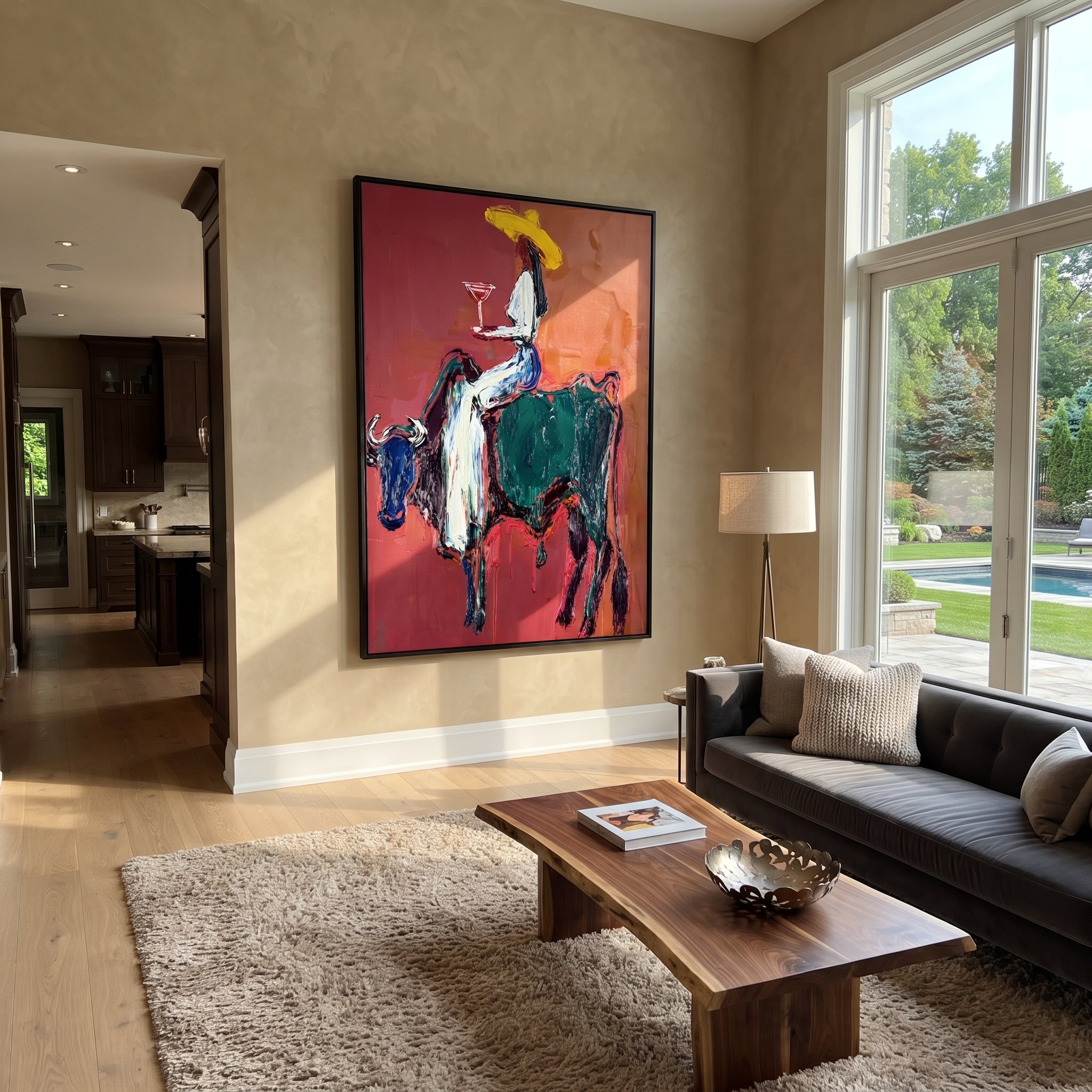 Rust Bull Bears Toast displayed in a collected contemporary interior