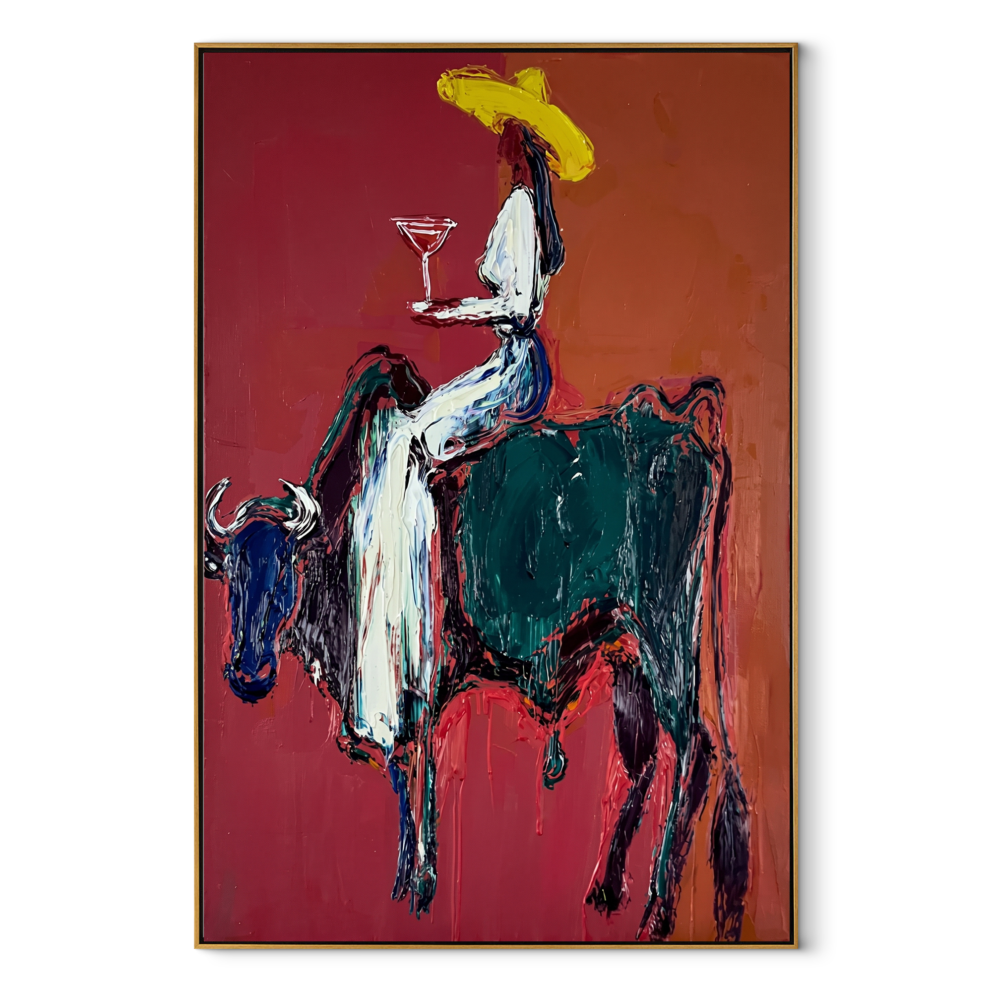 Rust Bull Bears Toast Western figurative painting, vertical canvas artwork
