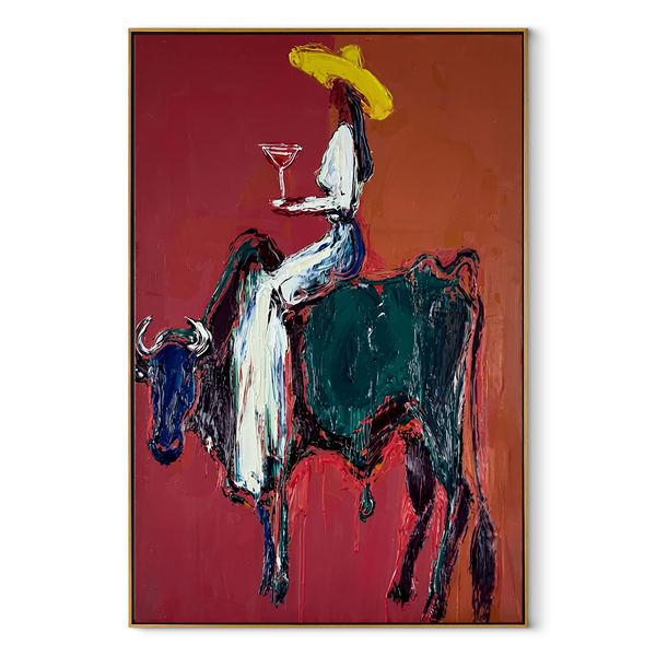Rust Bull Bears Toast – Cowgirl Riding Bull Painting | Contemporary Western Vertical Wall Art