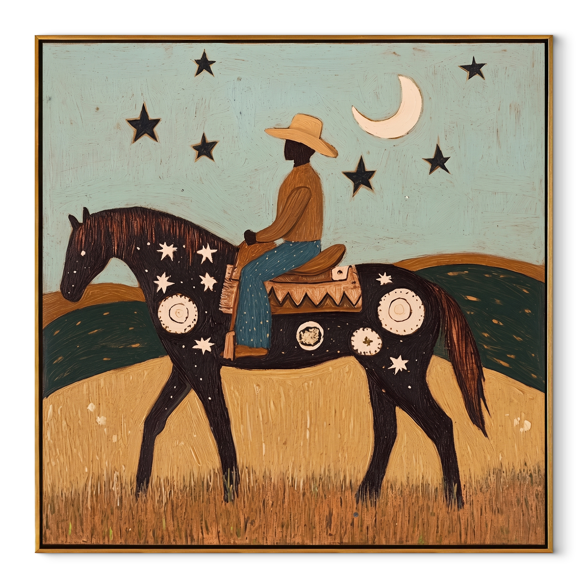 Crescent Guides Star Horse Western figurative painting, square canvas artwork