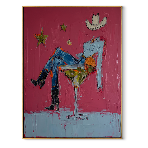 Blue Legs Fill Glass – Cowboy in Cocktail Glass Painting | Contemporary Western Vertical Wall Art