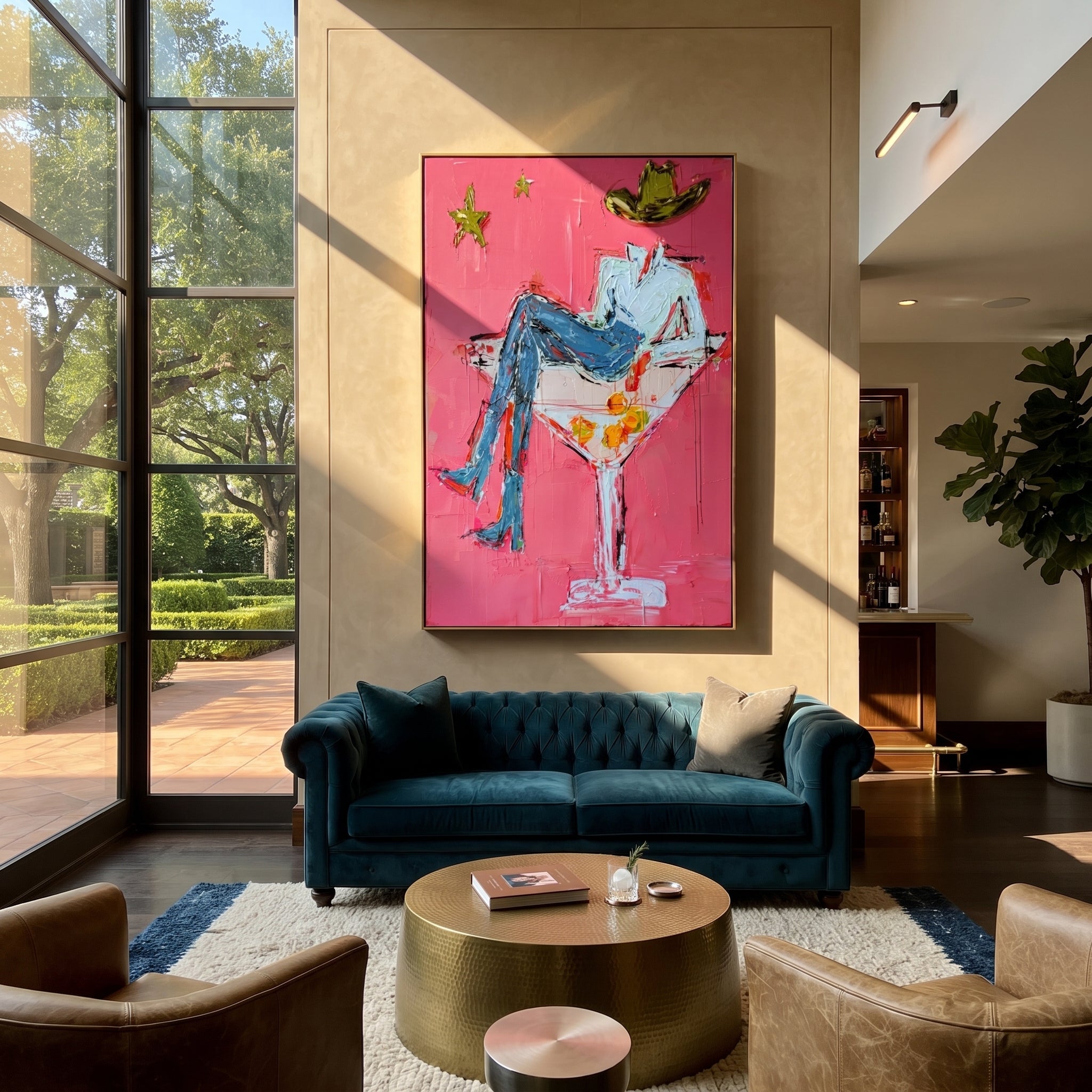 White Glass Holds Denim displayed in a collected contemporary interior