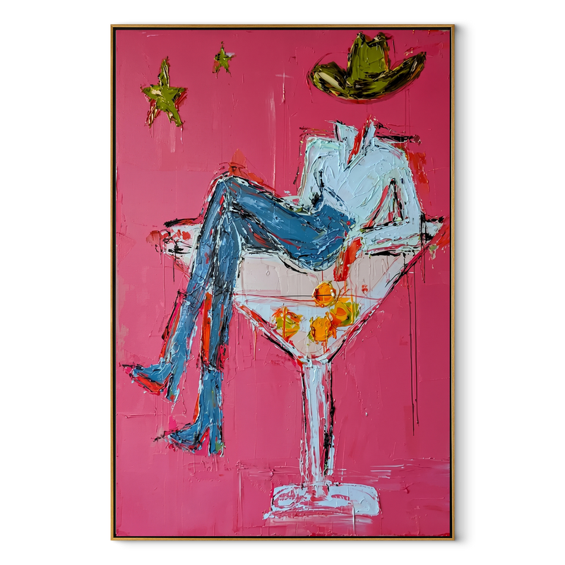 White Glass Holds Denim – Cowboy Martini Glass Painting | Contemporary Western Vertical Wall Art