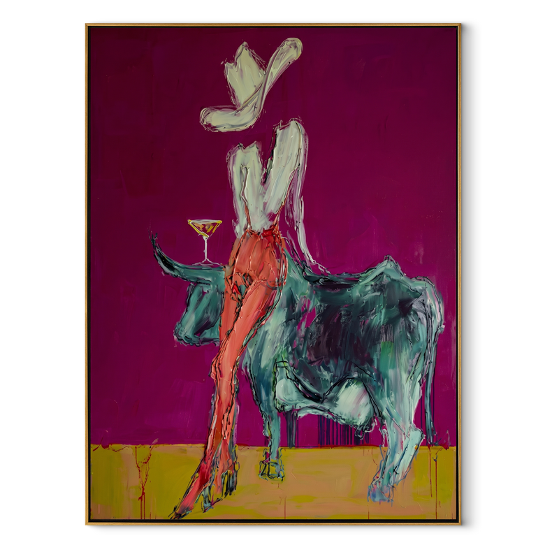 Pale Rider Crowns Teal – Cowgirl Riding Teal Bull Painting | Contemporary Western Vertical Wall Art