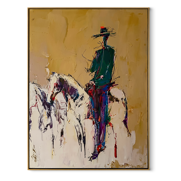 Ochre Dust Keeps Horse – Standing Rider Horse Sketch | Contemporary Western Vertical Wall Art