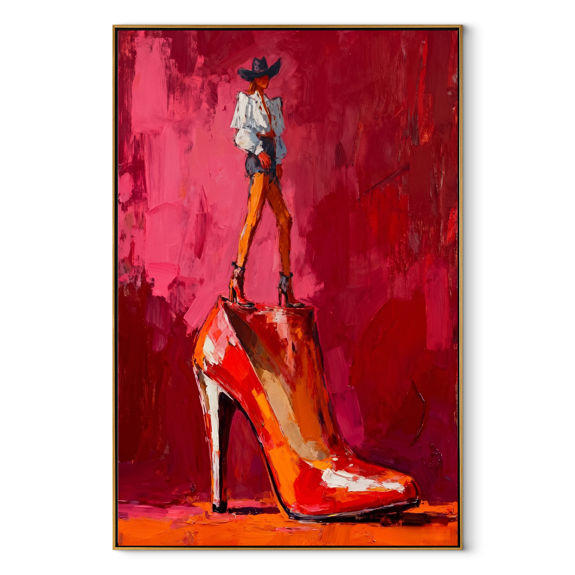 Red Heel Holds Rider Western figurative painting, vertical canvas artwork