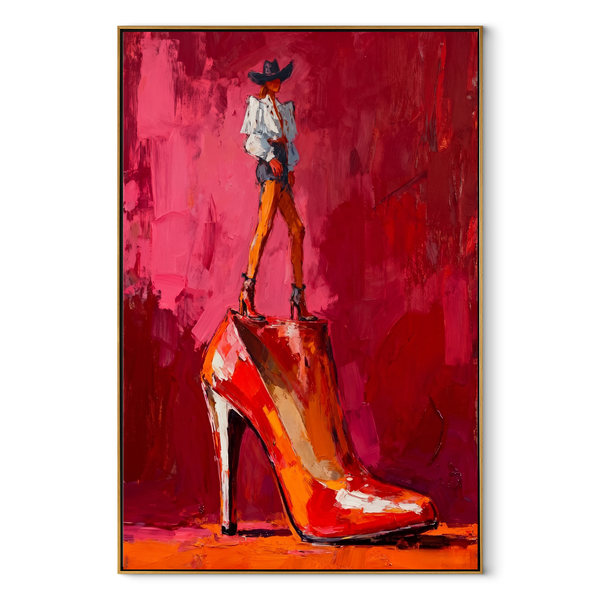 Red Heel Holds Rider – Cowboy on High Heel Painting | Contemporary Western Vertical Wall Art