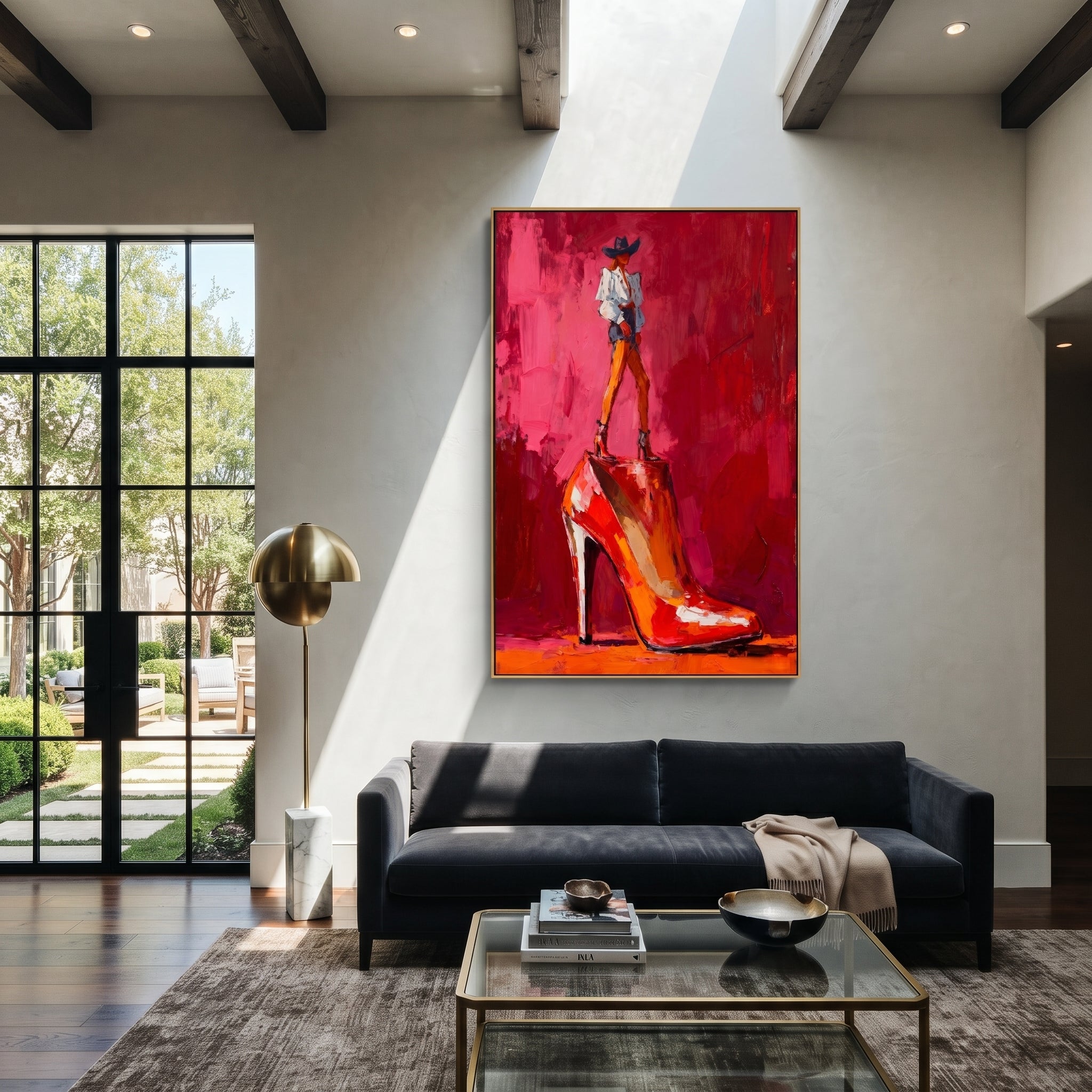 Red Heel Holds Rider styled with warm modern furnishings