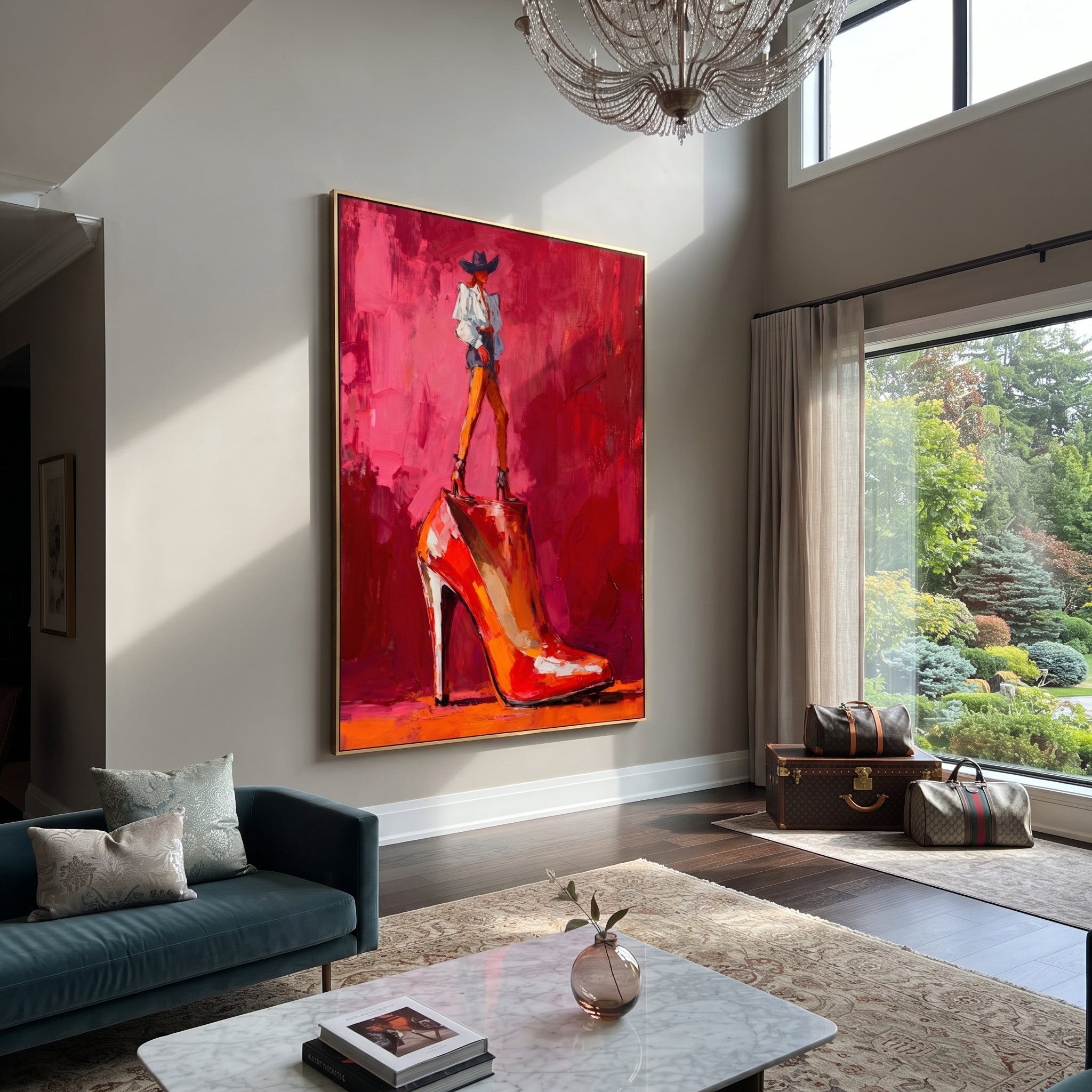 Red Heel Holds Rider presented as a colorful interior focal point