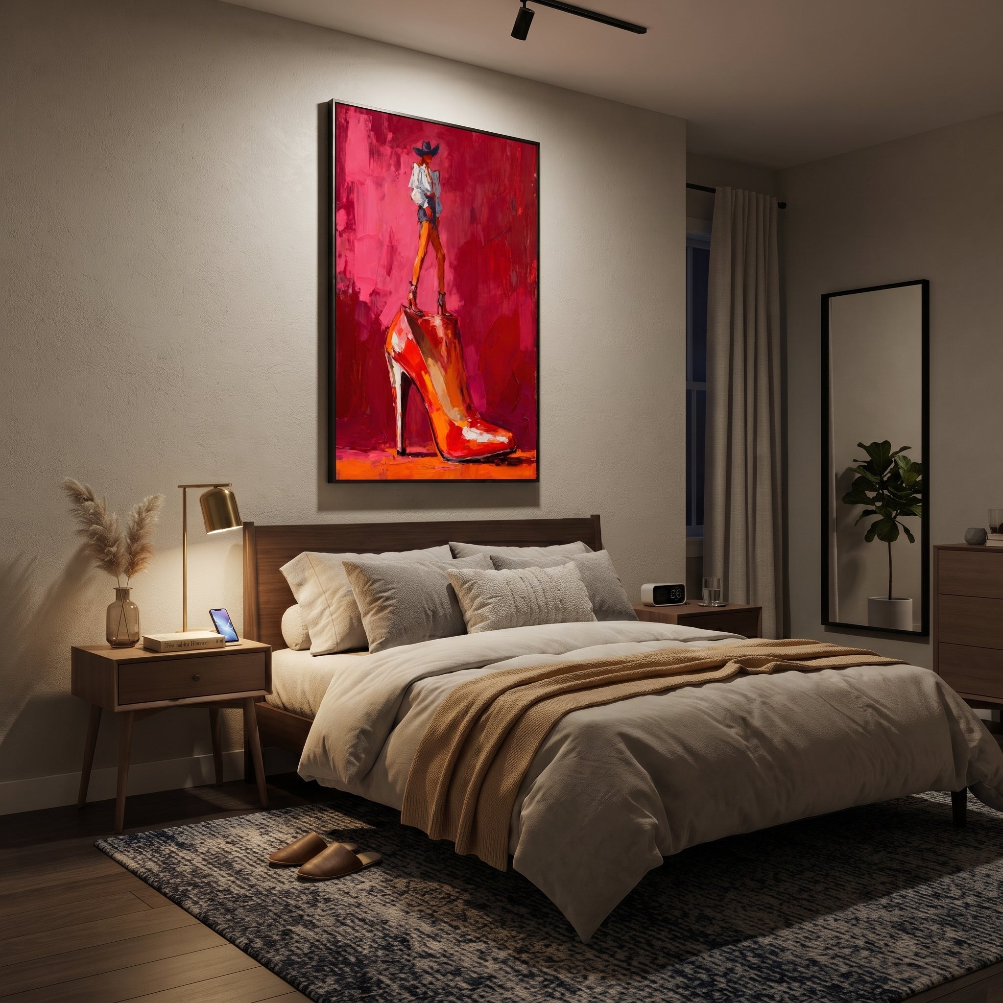 Red Heel Holds Rider styled with wood, linen, and modern decor