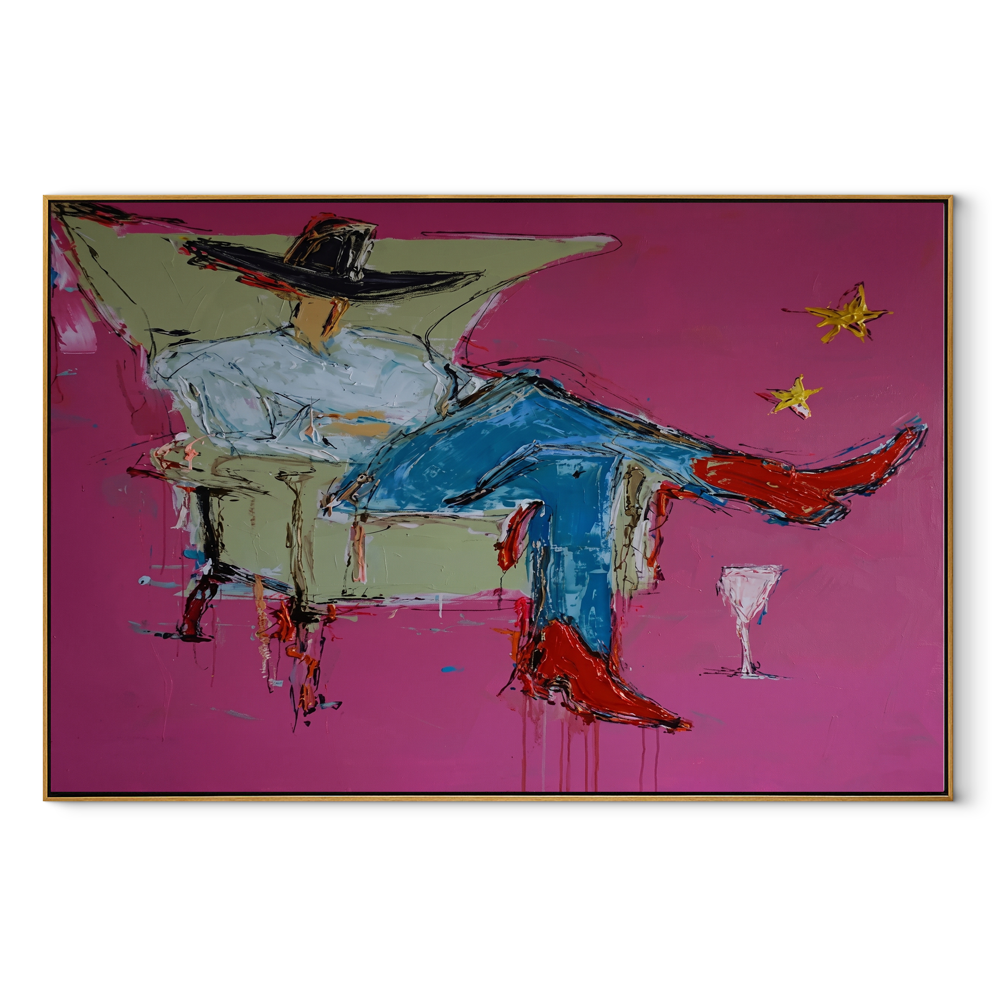Blue Denim Rests Long Western figurative painting, horizontal canvas artwork