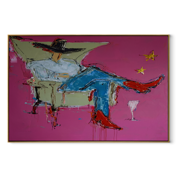 Blue Denim Rests Long – Reclining Cowboy Chair Painting | Contemporary Western Horizontal Wall Art
