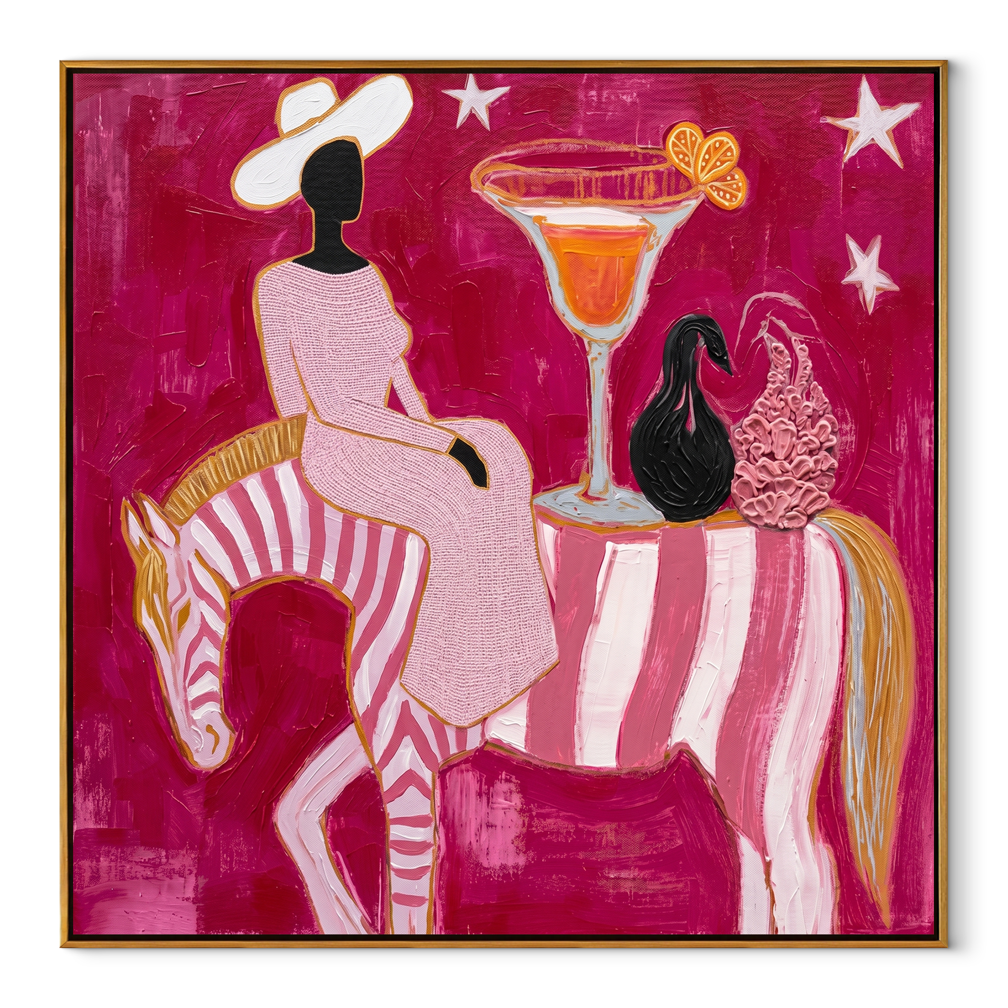 Striped Horse Serves Sunset Western figurative painting, square canvas artwork