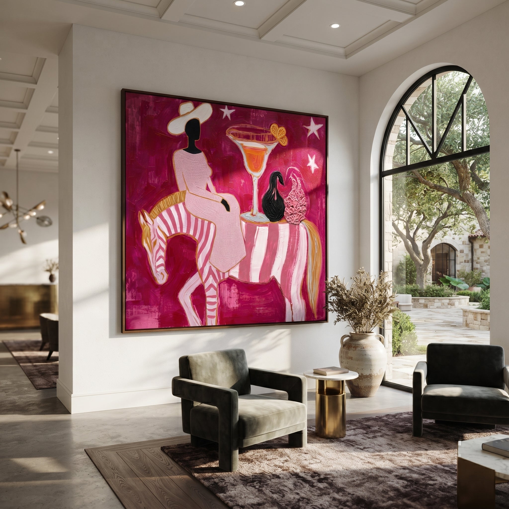 Striped Horse Serves Sunset presented as a colorful interior focal point