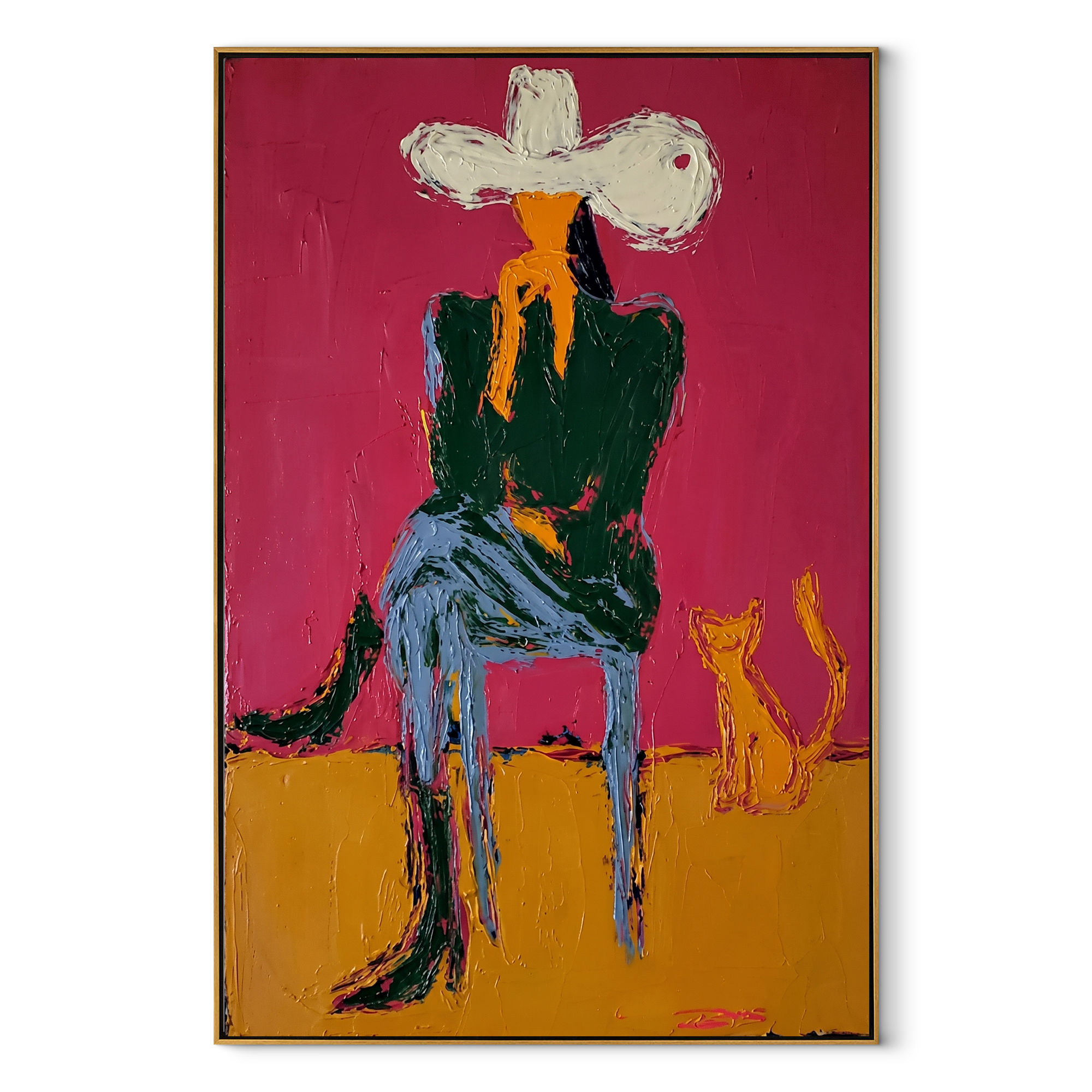 Small Dog Shares Silence Western figurative painting, vertical canvas artwork