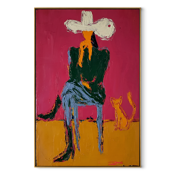 Small Dog Shares Silence – Cowboy and Dog Portrait | Contemporary Western Vertical Wall Art
