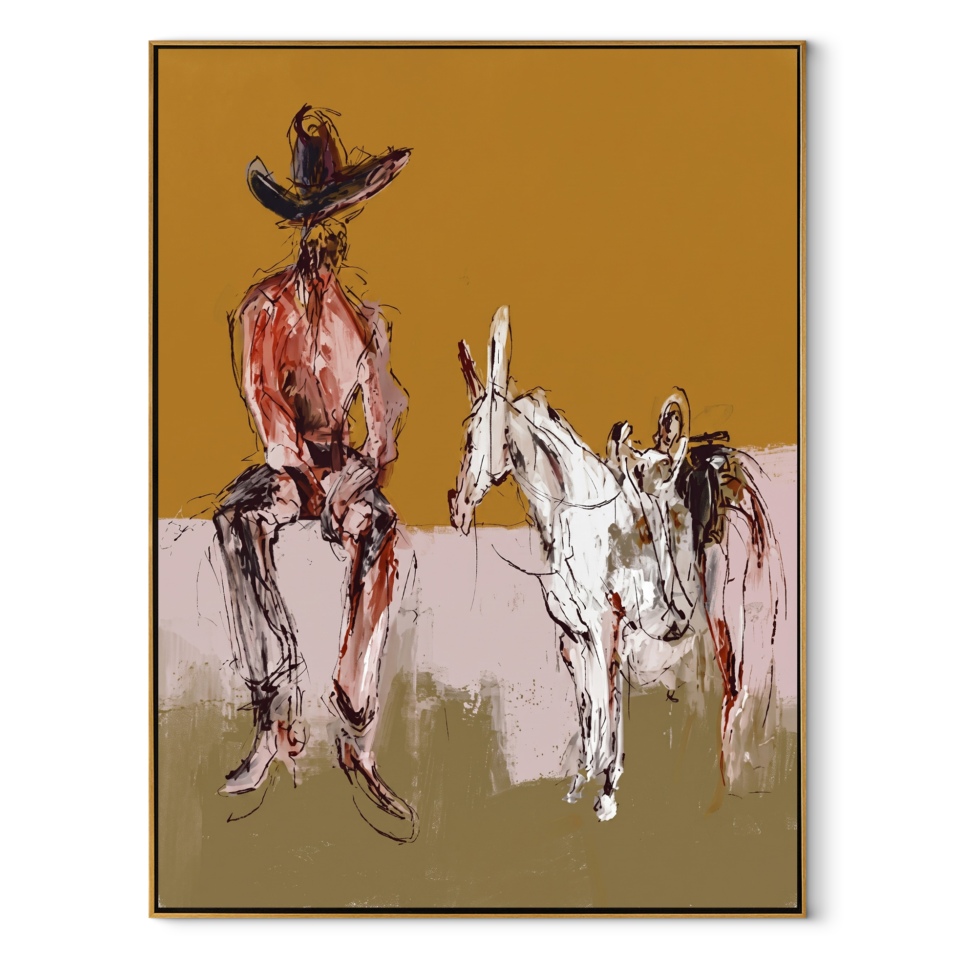 Two Horses Wait Nearby Western figurative painting, vertical canvas artwork