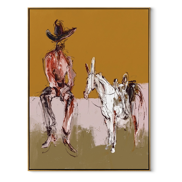 Two Horses Wait Nearby – Seated Cowboy Horses Painting | Contemporary Western Vertical Wall Art