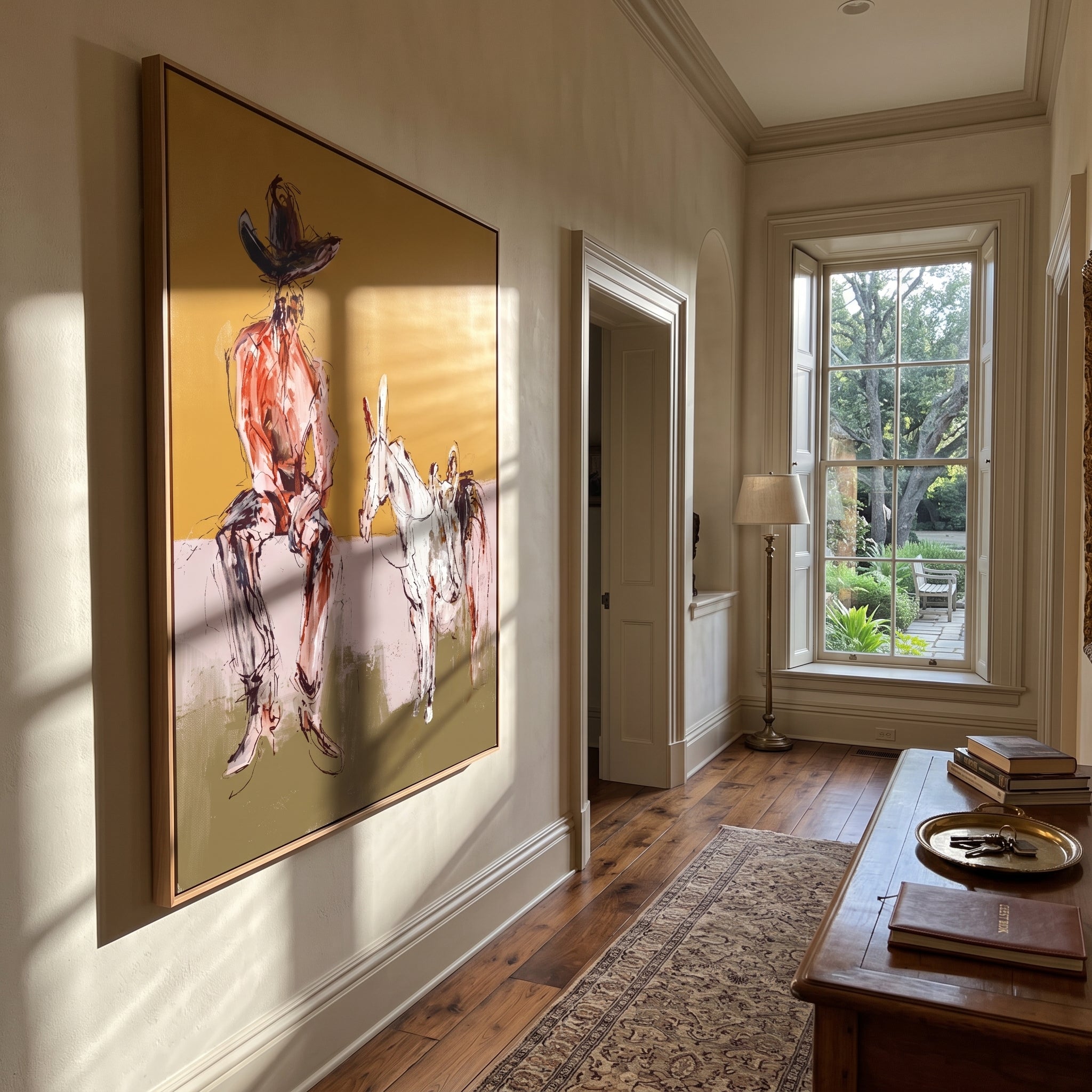 Two Horses Wait Nearby displayed in a layered residential setting