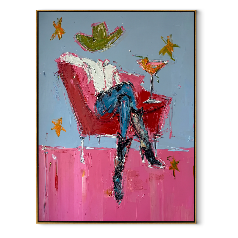 Red Chair Floats Blue – Cowboy Cocktail Chair Painting | Contemporary Western Vertical Wall Art