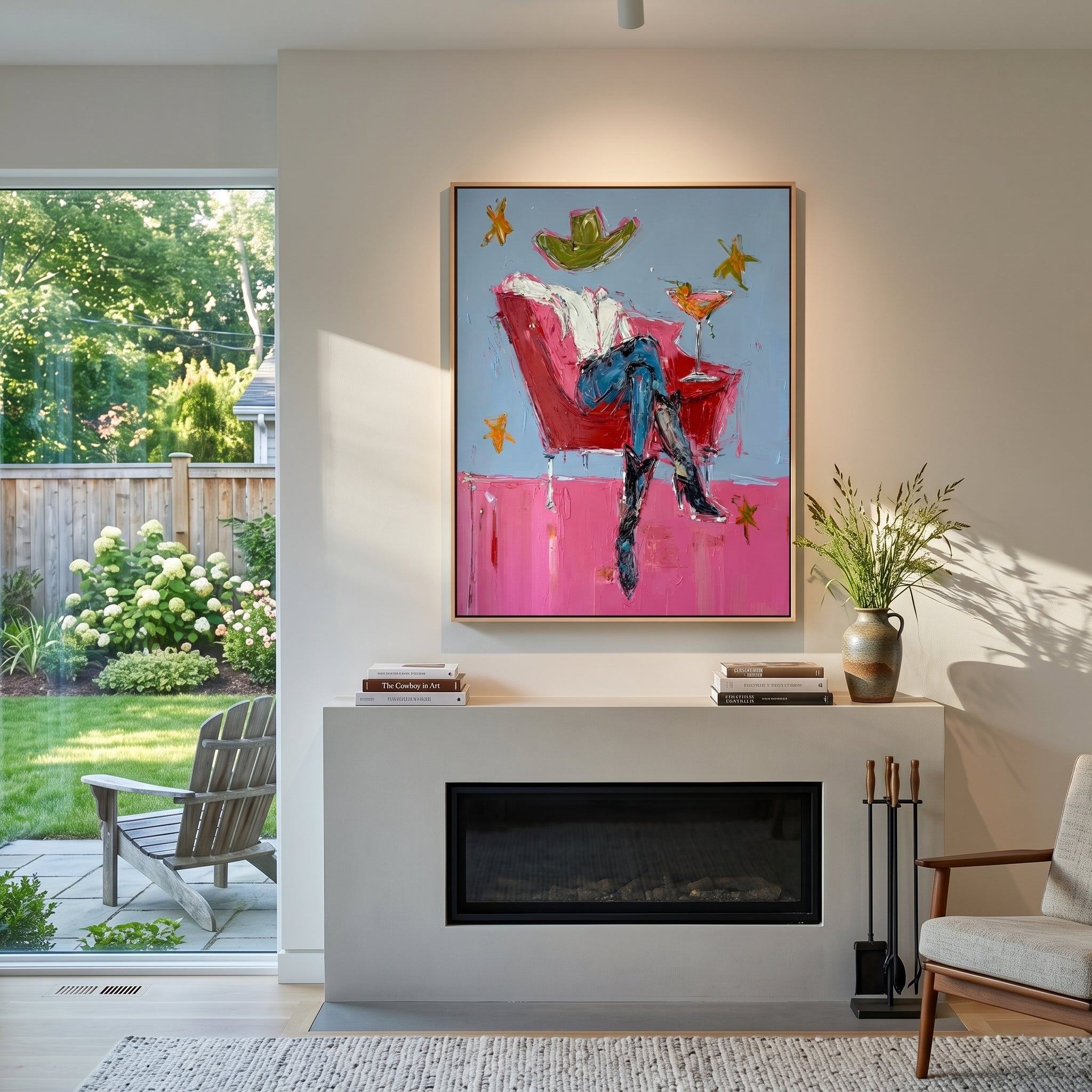 Red Chair Floats Blue styled with warm modern furnishings