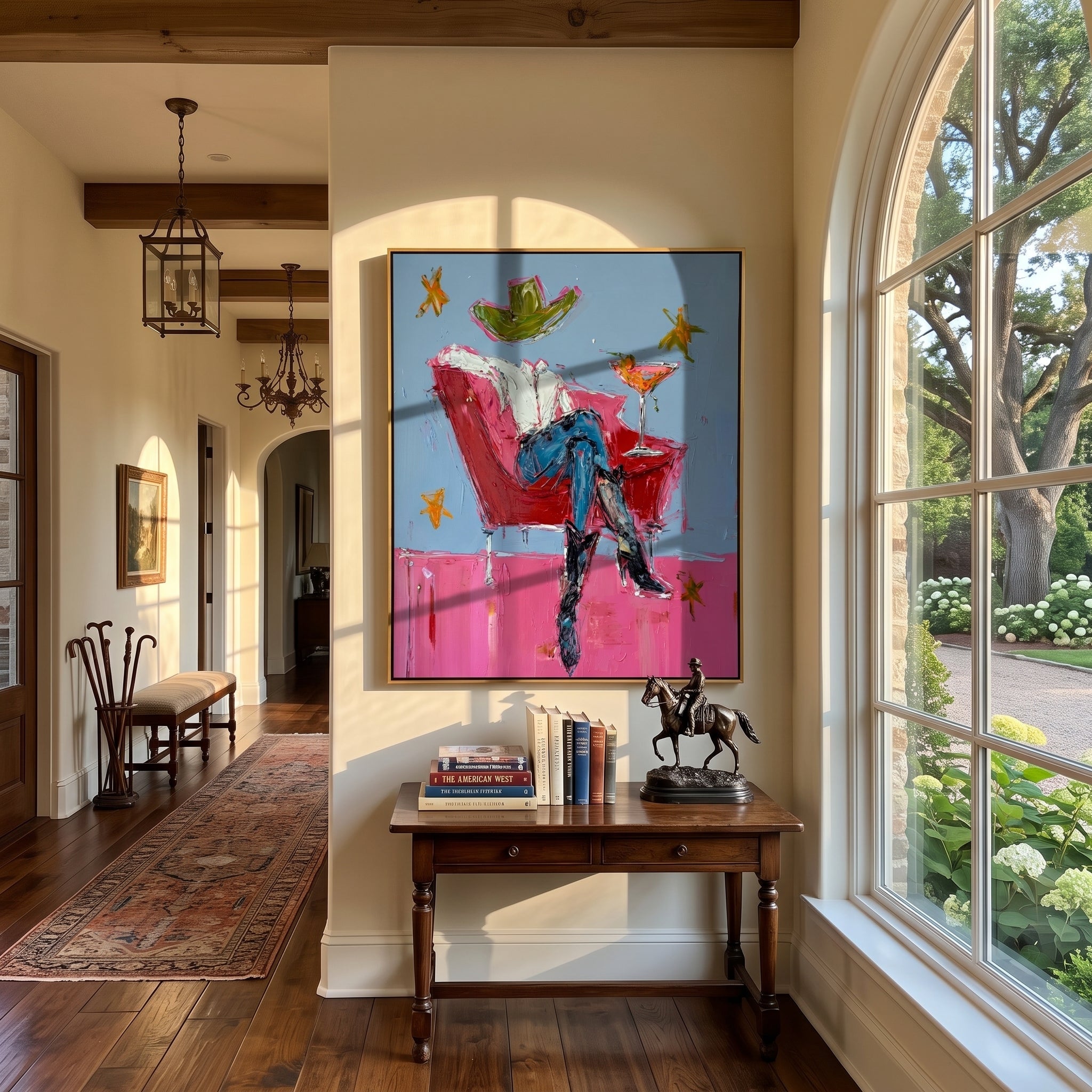 Red Chair Floats Blue presented as a colorful interior focal point