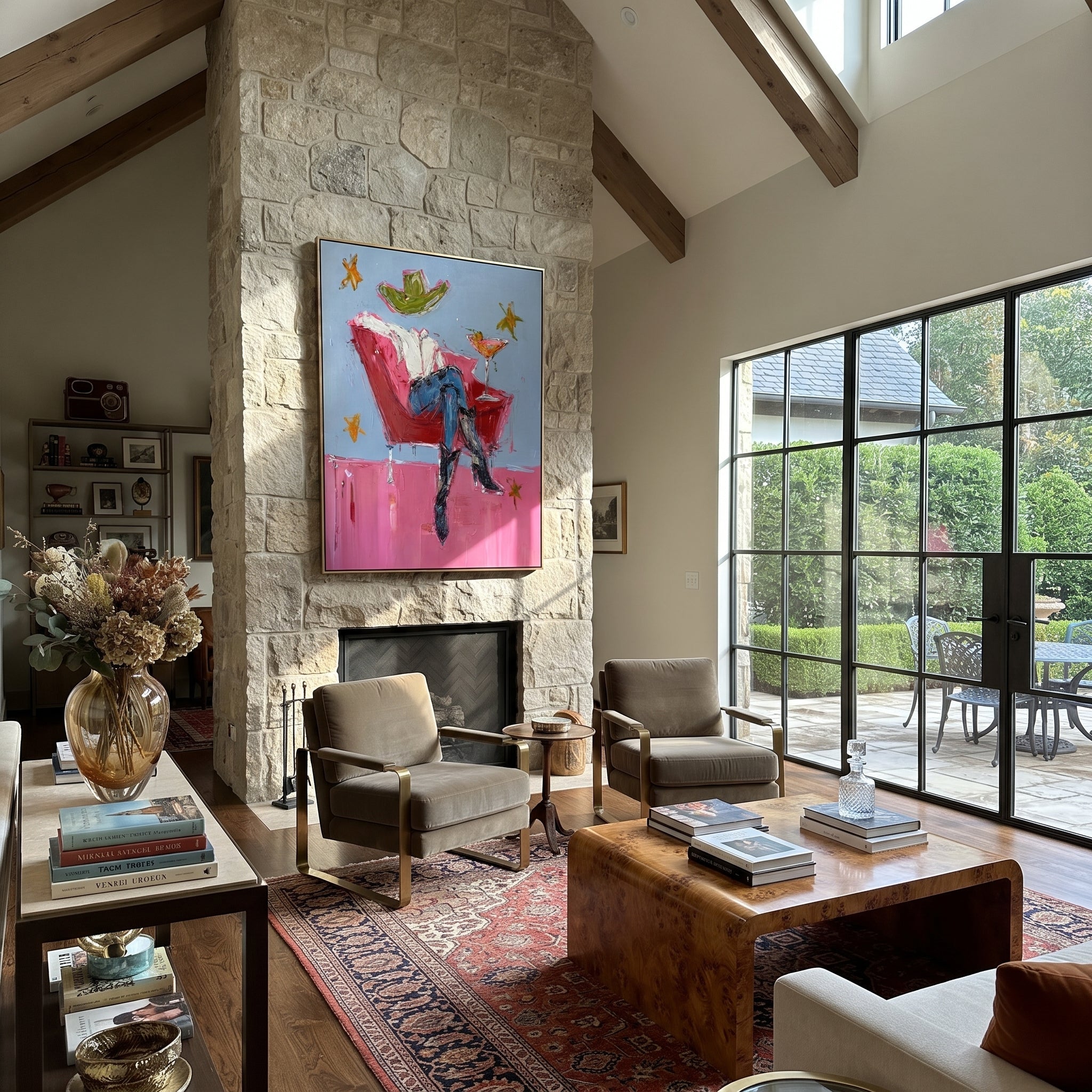 Red Chair Floats Blue styled with wood, linen, and modern decor