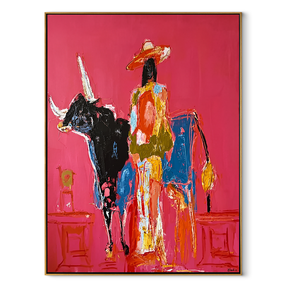 Flowing Dress Rides Midnight – Cowgirl Black Longhorn Painting | Contemporary Western Vertical Wall Art