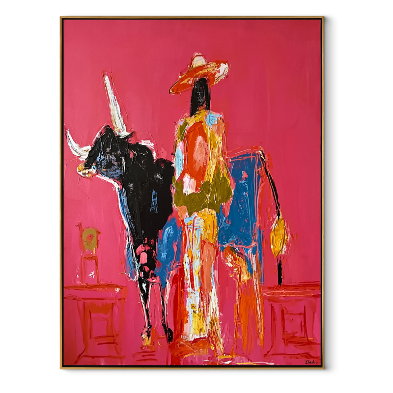 Flowing Dress Rides Midnight – Cowgirl Black Longhorn Painting | Contemporary Western Vertical Wall Art