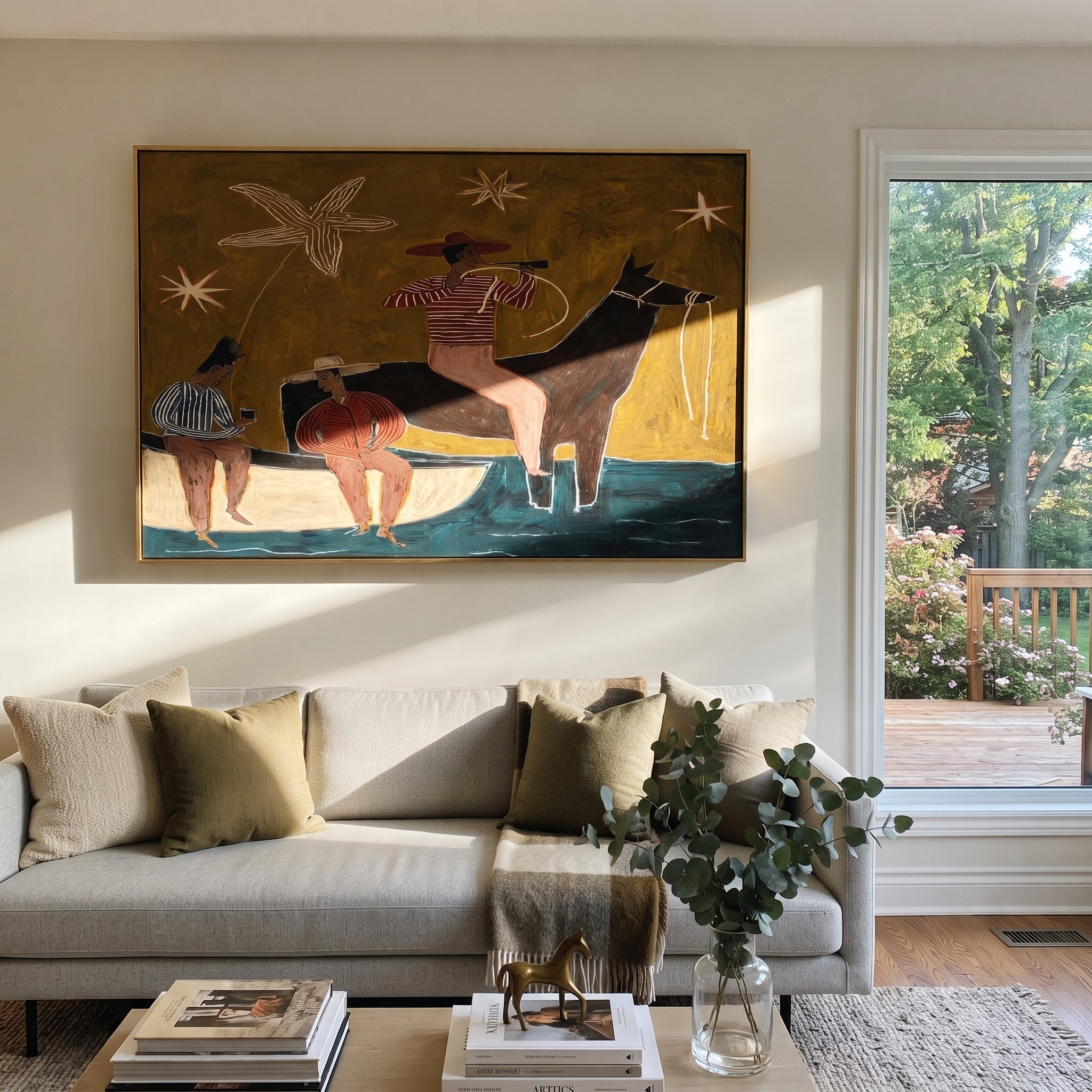 Three Cowboys Share Crossing displayed in a collected contemporary interior