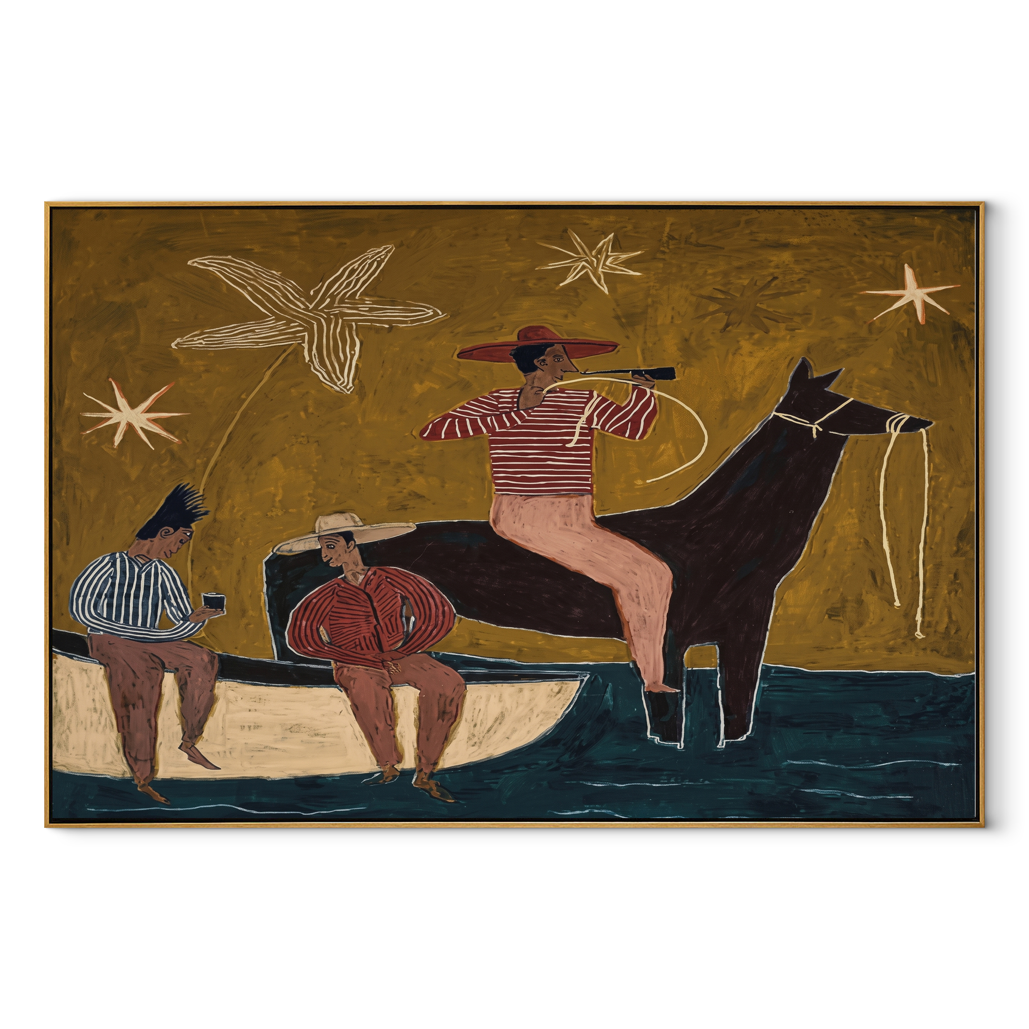 Three Cowboys Share Crossing Western figurative painting, horizontal canvas artwork