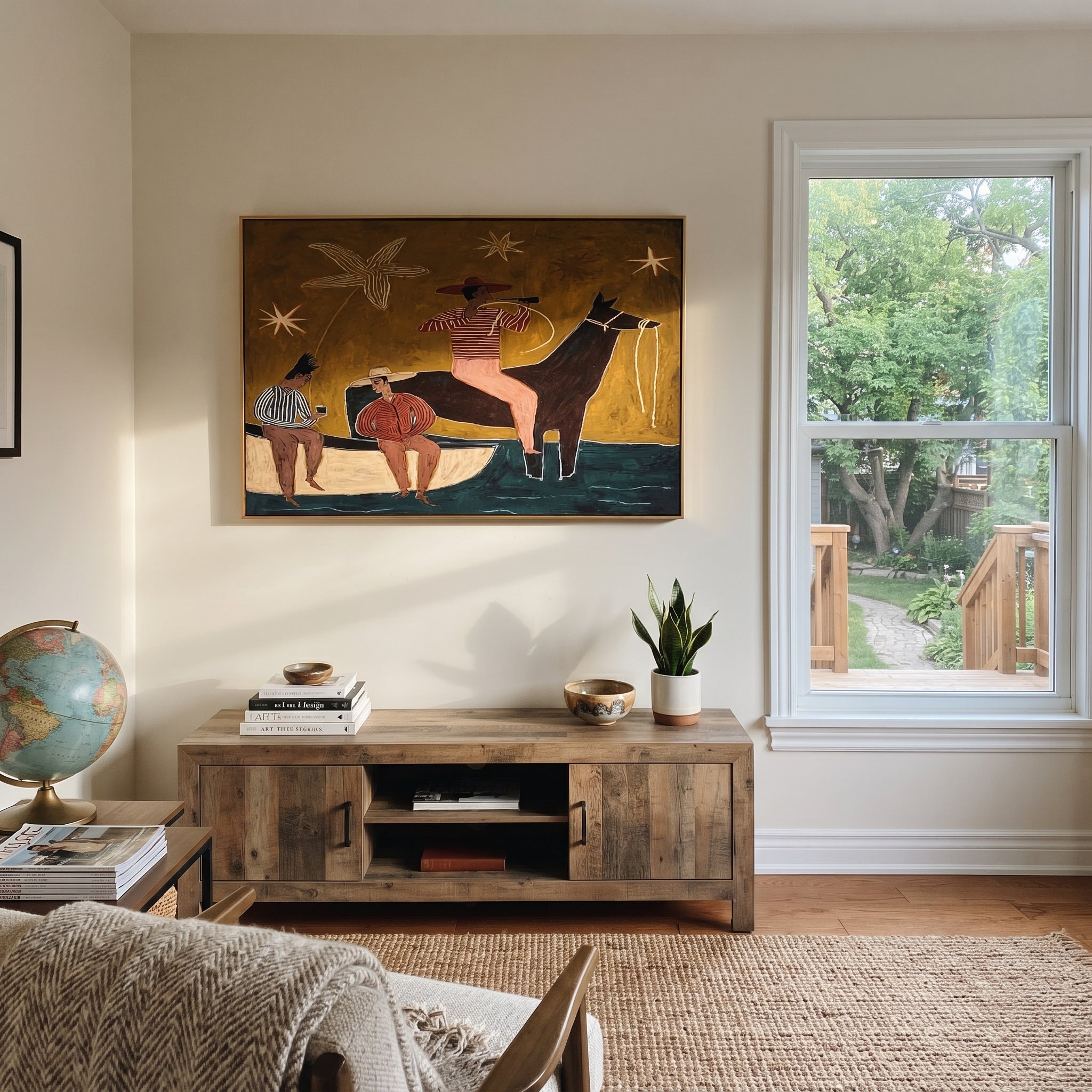 Three Cowboys Share Crossing presented as a colorful interior focal point
