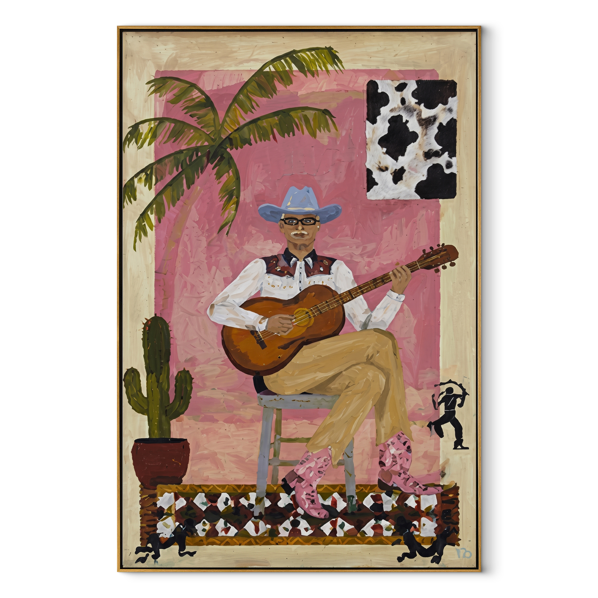 Guitar Warms Pink Courtyard Western figurative painting, vertical canvas artwork