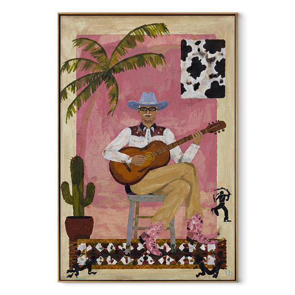 Guitar Warms Pink Courtyard – Cowboy Guitar Portrait Painting | Contemporary Western Vertical Wall Art