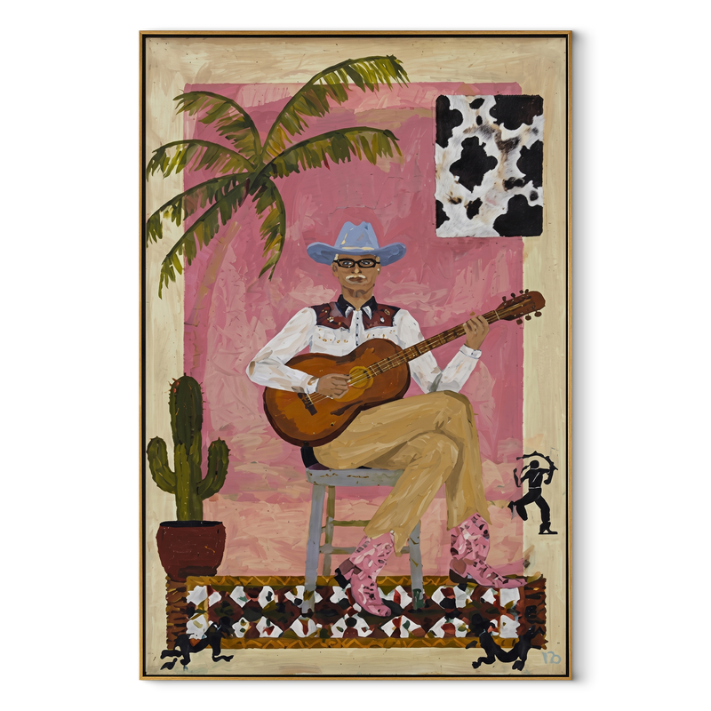 Guitar Warms Pink Courtyard – Cowboy Guitar Portrait Painting | Contemporary Western Vertical Wall Art