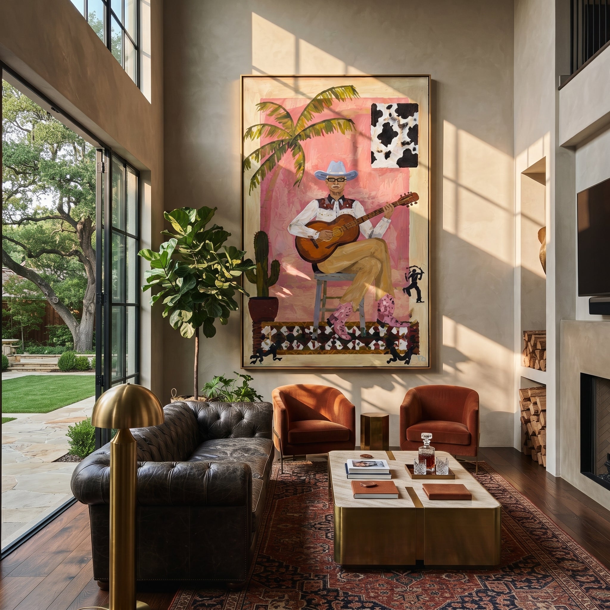 Guitar Warms Pink Courtyard styled with warm modern furnishings