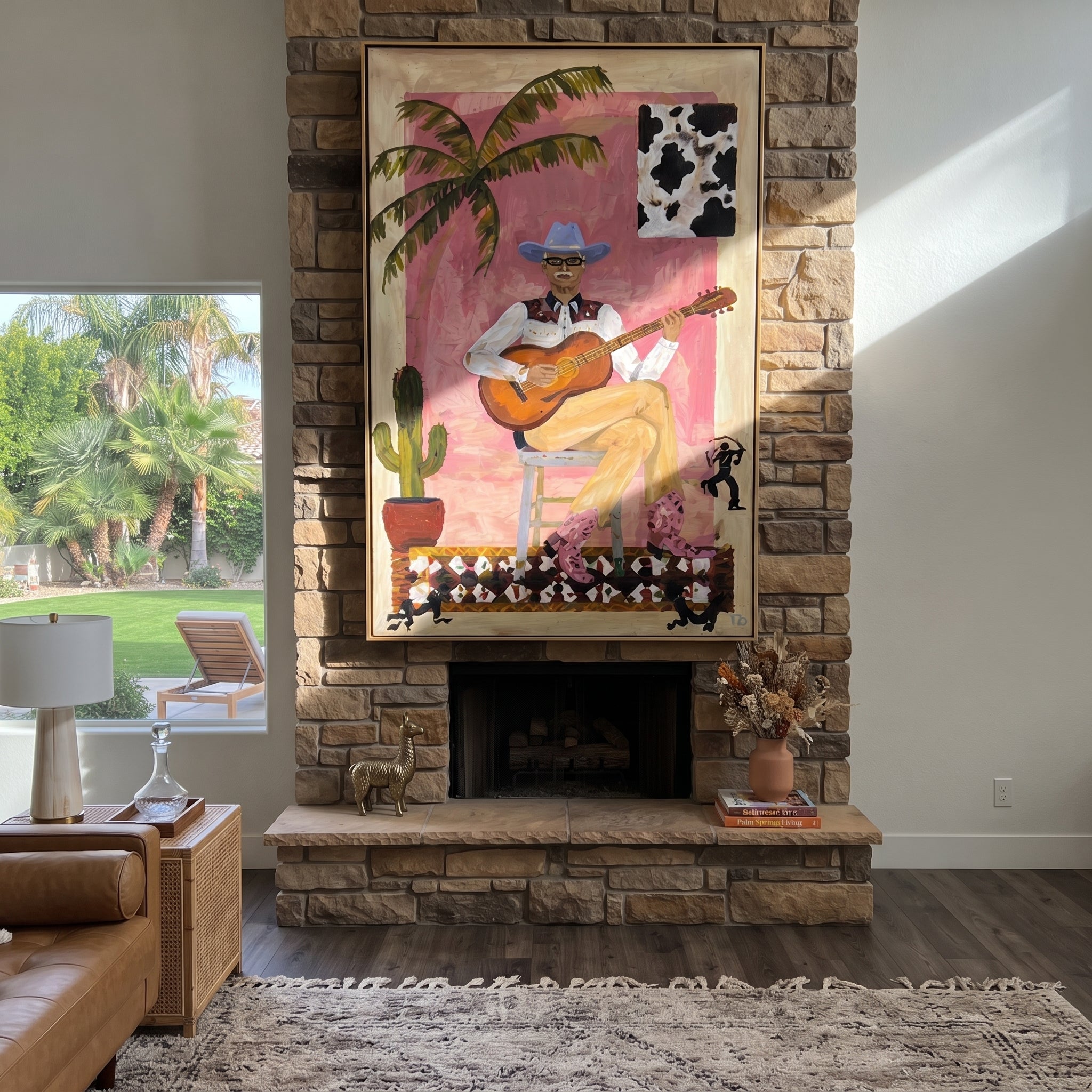 Guitar Warms Pink Courtyard presented as a colorful interior focal point