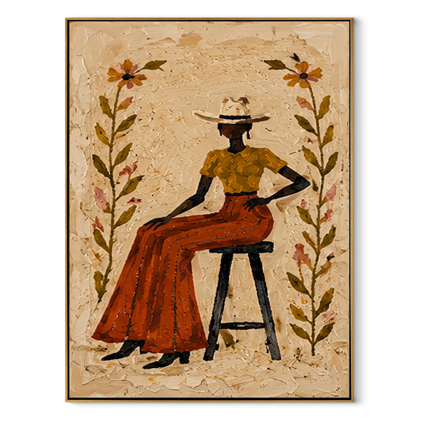 Flowers Guard Terra Skirt – Floral Cowgirl Portrait Painting | Contemporary Western Vertical Wall Art